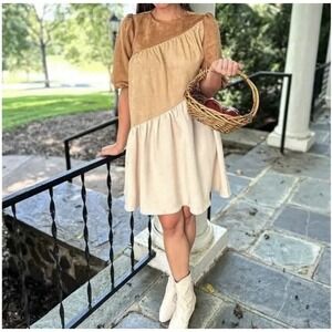 THML Faux Suede Colorblock Dress Asymmetrical  Puff Sleeves‎ Size M NWOT Rare